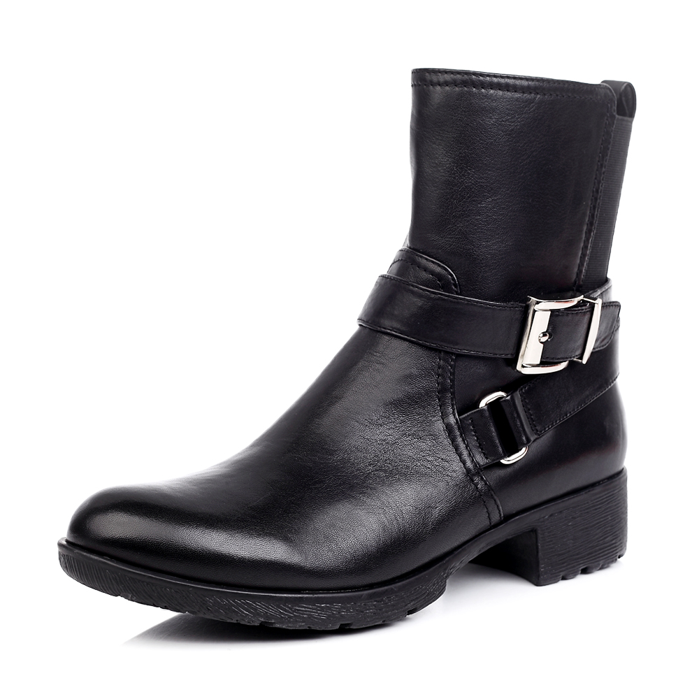 STACCATO/思加图冬季专柜同款女士黑色绵羊皮/黑色常用橡筋女皮靴ETO58DD4