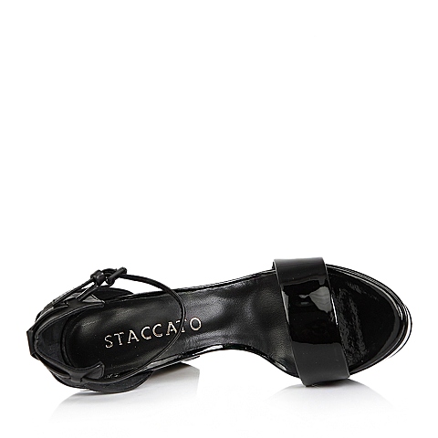 STACCATO/思加图夏季专柜同款黑色打蜡胎牛皮/黑色胎牛漆皮女凉鞋9LO15BL4
