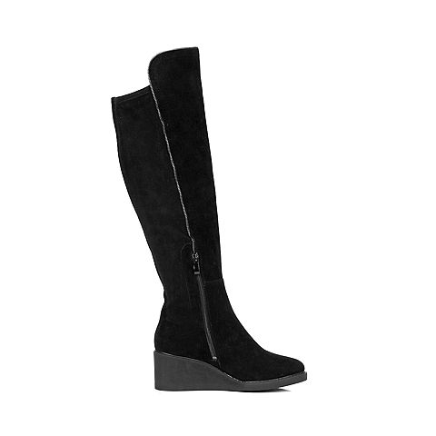 STACCATO/思加图冬季专柜同款黑色羊皮配弹力绒布女靴C4101DG5