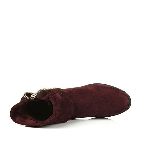 STACCATO/思加图冬季专柜同款酒红色羊皮女靴9TD12DS5