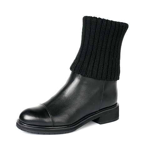 STACCATO/思加图冬季专柜同款黑色牛皮女靴（毛里）D8101MZ5