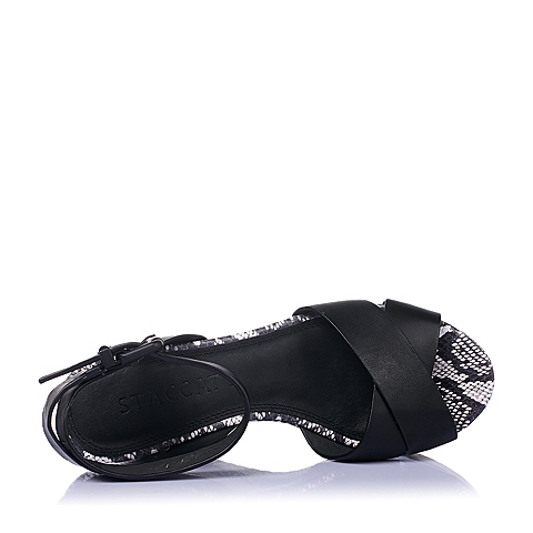 STACCATO/思加图夏季专柜同款女士黑色打蜡胎牛皮革女皮凉鞋9JD01BL6