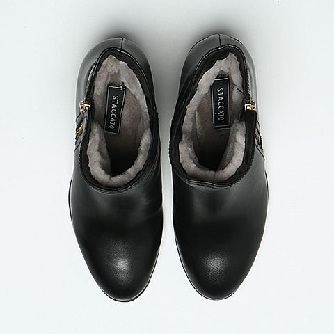 STACCATO/思加图冬季专柜同款黑色牛皮女靴（毛里）9C904DD6