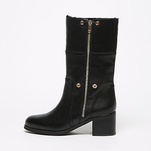STACCATO/思加图冬季专柜同款黑色牛皮女靴（毛里）9SF15DZ6