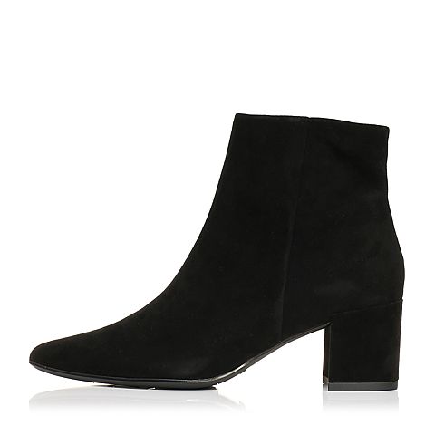 STACCATO/思加图新款黑色羊绒皮短筒时装靴粗跟女皮靴9J101DD7