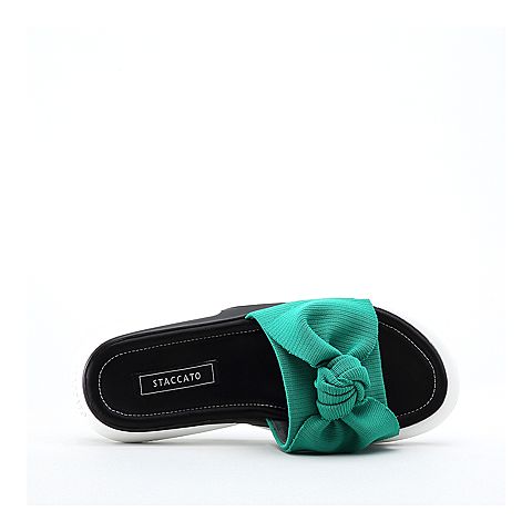 思加图2018年夏季专柜同款绿色毛线布蝴蝶结厚底休闲拖鞋9O104BT8