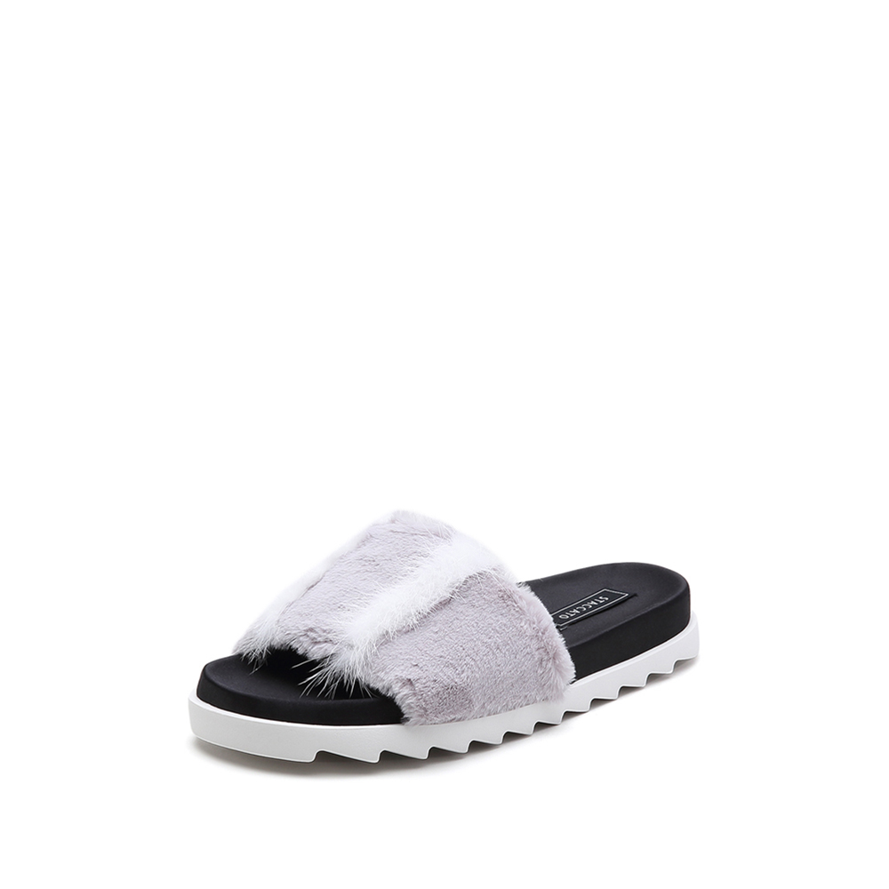思加图2018年夏季专柜同款灰色毛绒布貂毛皮拼接女凉拖鞋9L602BT8