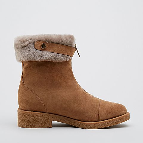 思加图2018冬专柜同款羊绒皮方跟拉链装饰女短靴9RA87DD8