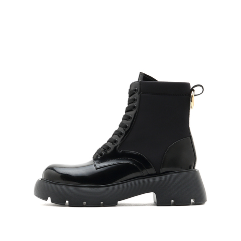 思加图2021冬季新款休闲马丁靴系带侧拉链厚底靴女皮靴EBV06DD1