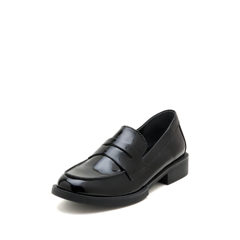 思加图2023春季新款简约圆头一脚蹬乐福鞋粗跟单鞋女皮鞋9UL02AM3