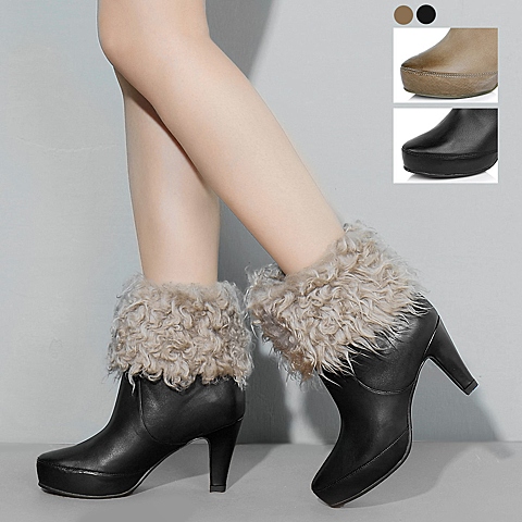 TATA/他她 及踝靴黑色小牛皮/灰色毛绒布2SD42DD2优质绒毛女短靴冬季新款