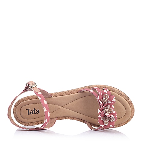 Tata/他她年夏季女子红粉-印花布花朵搭扣女凉鞋2X110BL5
