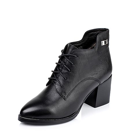 Tata/他她秋季专柜同款黑色牛皮女短靴（绒里）V316RCD5