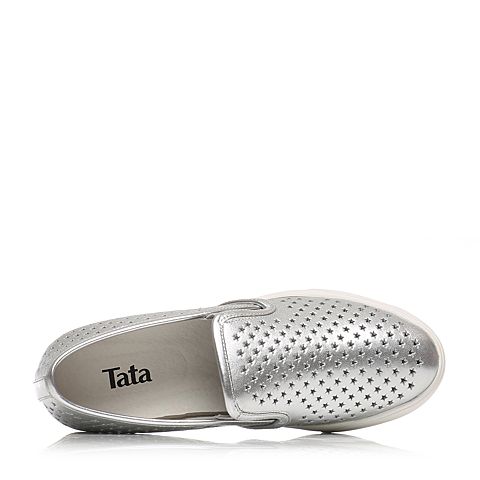 Tata/他她春季专柜同款银色贴膜牛皮舒适坡跟女单鞋2OO22AM6