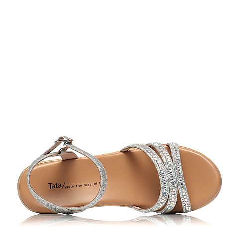 Tata/他她夏季专柜同款银色亮片布水钻坡跟女凉鞋2NTB2BL6