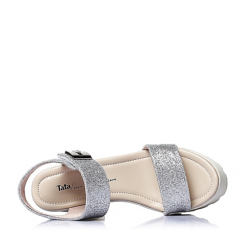 Tata/他她夏季银亮片布时尚粗跟高水台女凉鞋2W116BL6