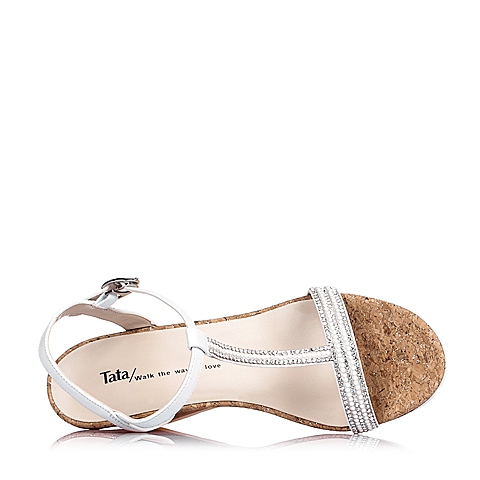 Tata/他她夏季白色珠光牛皮时尚坡跟女凉鞋2A2A7BL6