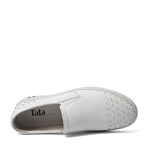 Tata/他她夏季专柜同款白色牛皮编织风平底懒人鞋男休闲鞋U250DBM6