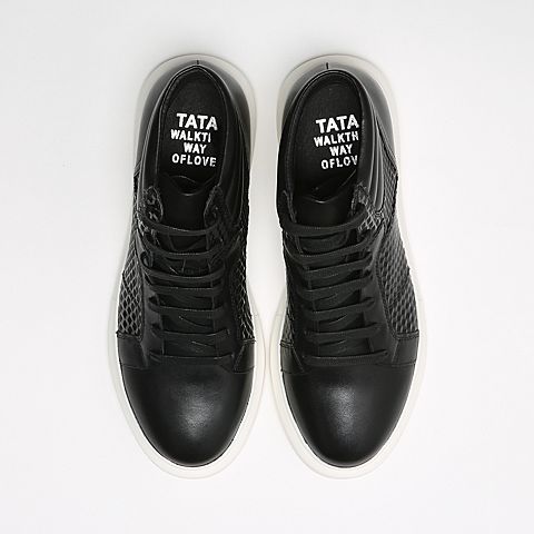 Tata/他她冬季黑色牛皮时尚绑带平底男休闲靴F9640DD6