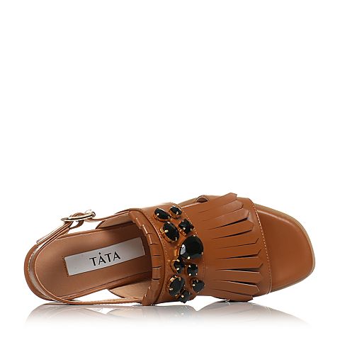 Tata/他她夏季专柜同款棕色光牛皮水晶流苏女皮凉鞋FN205BL7