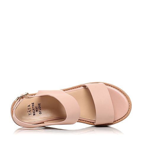 Tata/他她夏季粉色小牛皮休闲舒适坡跟女皮凉鞋2NTC6BL7