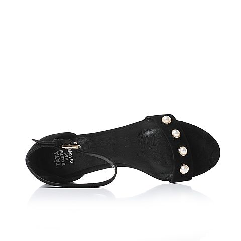 Tata/他她夏季黑色羊皮珍珠一字式扣带复古风女凉鞋FHM02BL7