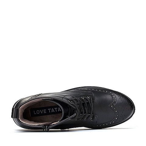 Tata/他她专柜同款黑色牛皮铆钉坡跟马丁靴女中靴FAI60DZ7