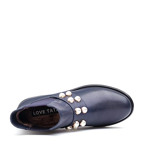 Tata/他她专柜同款蓝色牛皮英伦珍珠套筒女短靴T4046DD7