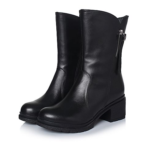 Tata/他她冬专柜同款黑色牛皮时尚女中靴休闲靴FE661DZ7