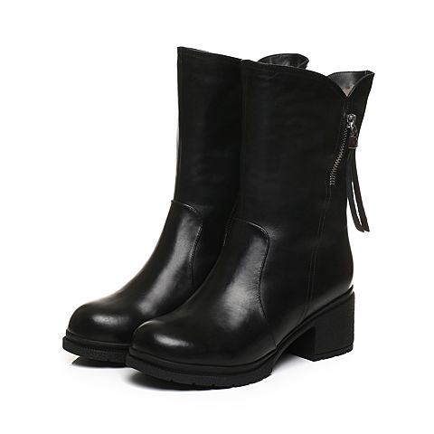 Tata/他她冬专柜同款黑色牛皮时尚女中靴休闲靴FE661DZ7