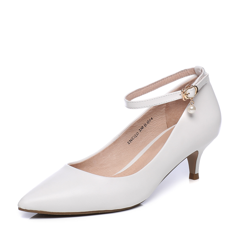 Tata/他她春白色牛皮珍珠一字带尖头酒杯跟女皮鞋2NCQDAQ8