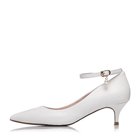 Tata/他她春白色牛皮珍珠一字带尖头酒杯跟女皮鞋2NCQDAQ8