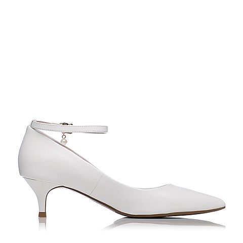 Tata/他她春白色牛皮珍珠一字带尖头酒杯跟女皮鞋2NCQDAQ8