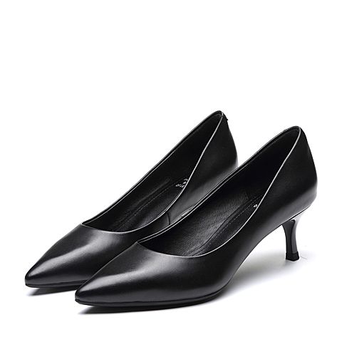 Tata/他她春专柜同款黑色牛皮革尖头猫跟鞋细高跟女单鞋FLH01AQ8