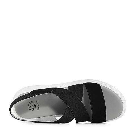 Tata/他她夏专柜同款黑色牛皮拼接布坡跟罗马鞋休闲女凉鞋SBL8