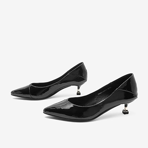 Tata/他她2018秋专柜同款黑色漆牛皮革尖头猫跟鞋通勤女单鞋F0X01CQ8