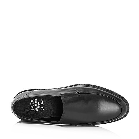 Tata/他她2018秋专柜同款黑色牛皮革简约商务鞋套脚方跟男单鞋23U24CM8