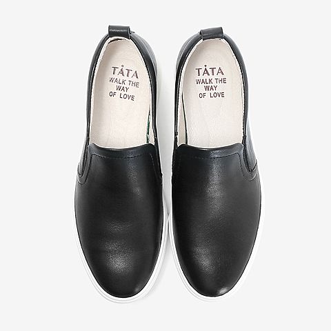 Tata/他她2018秋黑色牛皮革简约休闲鞋平底男单鞋S3C10CM8