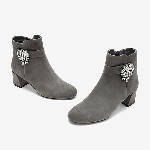 Tata/他她2018冬专柜同款灰色羊皮革绒面水钻高跟女短靴FQ040DD8