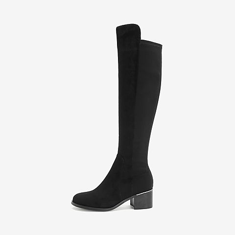 Tata/他她2018冬专柜同款黑色拼接长筒靴骑士靴瘦瘦靴粗跟女长靴2BS90DC8