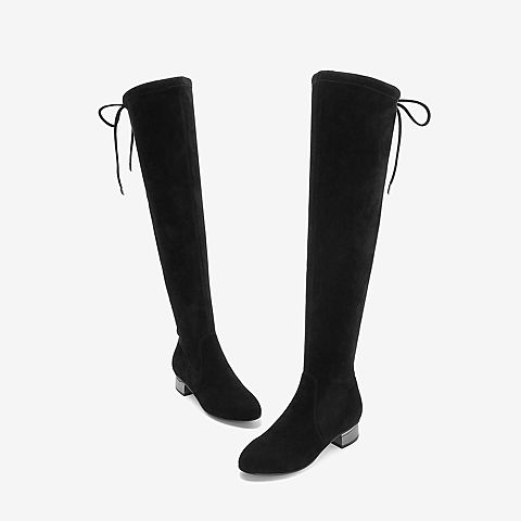 Tata/他她2018冬专柜同款黑色拼接后绑带过膝靴休闲女长靴BIF01DC8