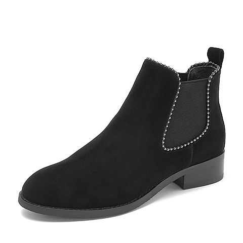 Tata/他她2018冬专柜同款黑色羊皮革绒面串珠套筒通勤踝靴女短靴DS140DD8
