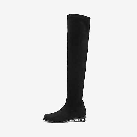 Tata/他她2018冬专柜同款黑色布面水钻跟套筒过膝靴女长靴CNF01DC8