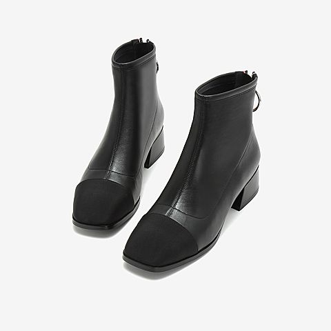 Tata/他她2018冬专柜同款黑色拼接通勤方头女短靴ENF01DD8
