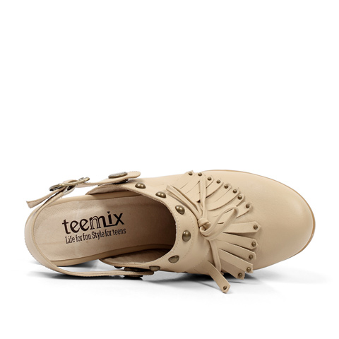TEENMIX/天美意米杏色软牛皮女皮凉鞋（常青）6CI30AH2