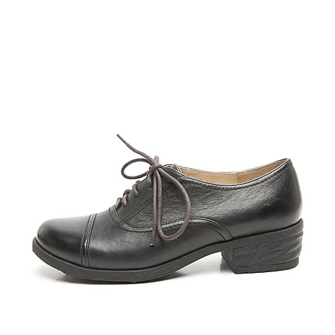 TEENMIX/天美意 及踝靴秋季复古擦色真皮系带圆头鞋黑色（常青）CTU23CM2