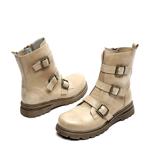 TEENMIX/天美意冬季浅棕染擦色软牛皮女皮靴（马丁靴）CQK66DZ2