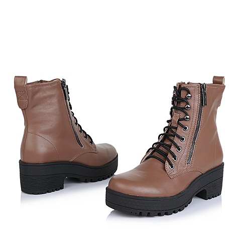 Teenmix/天美意冬季专柜同款浅棕色软牛皮女皮靴6JP40DD2