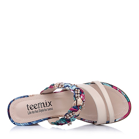Teenmix/天美意夏季专柜同款米色绵羊皮坡跟女鞋6AI21BT4