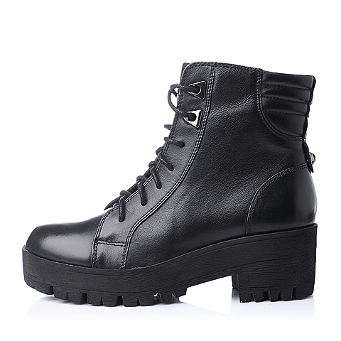 Teenmix/天美意冬季专柜同款黑色牛皮时尚方跟女靴6WA43DD4